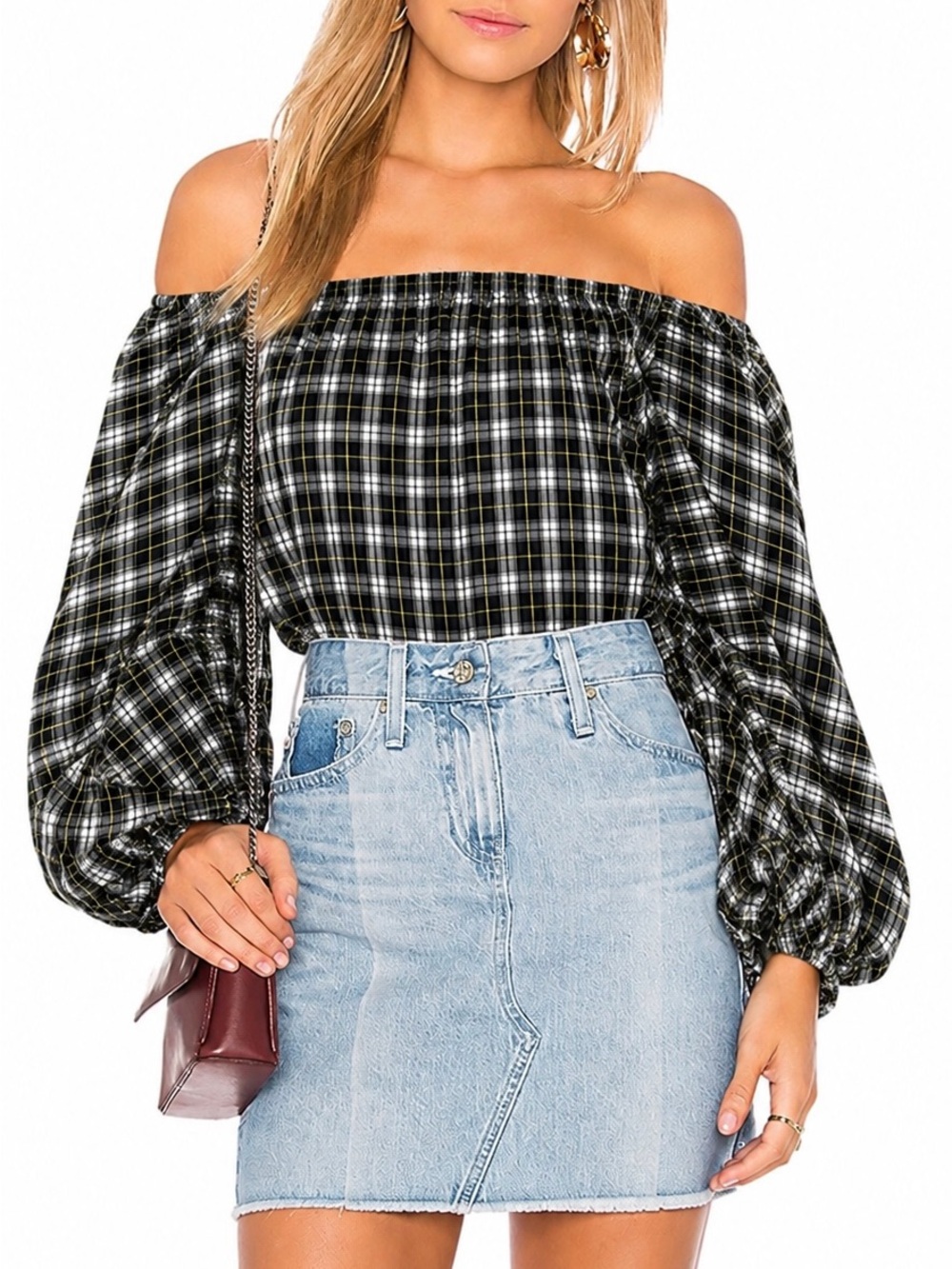 Petersyn Hannah Off-Shoulder Top Puff Long Sleeve Traditional Tartan Navy/Blk S